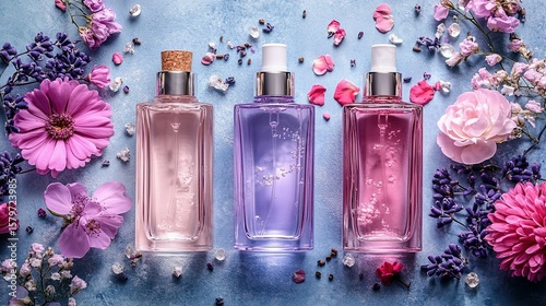 Fragrant bottles surrounded by flowers on a light blue surface.