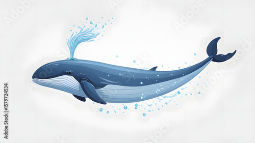 Graceful Cartoon Blue Whale Spouting Water in the Ocean, Highlighting Marine Life
