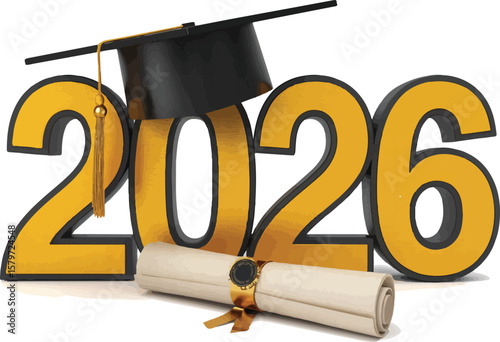 Golden 2026 numbers with graduation cap and diploma scroll symbolizing academic achievement and future success