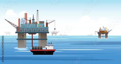 Offshore oil rig industry and tanker ship in the ocean vector illustration, Oil industry at sea background