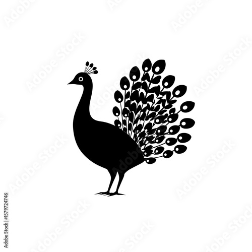 Silhouette of a peacock with detailed tail feathers and a small crest on its head standing sideways