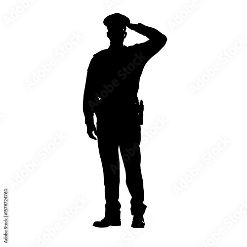 Silhouette of a police officer in uniform saluting with his right hand raised to his forehead region
