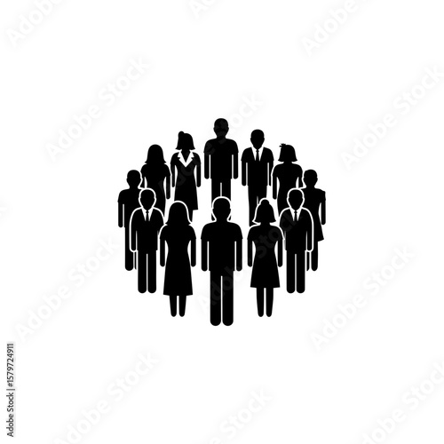 Illustration showing a crowd of people standing together in a circular arrangement formation group