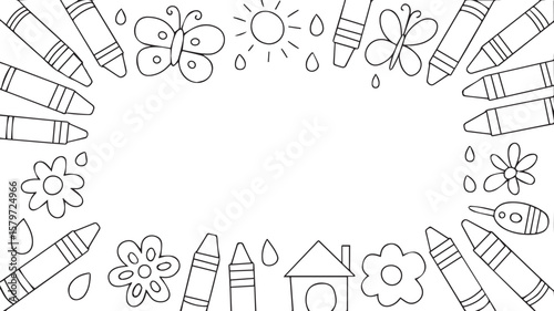 Whimsical hand drawn border frame with crayons butterflies sun flowers house and raindrops for coloring