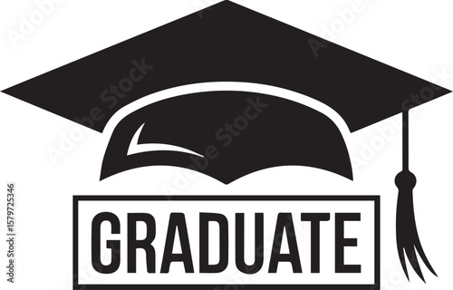 vSimple dark blue graduation cap icon with the word graduate in a rectangle