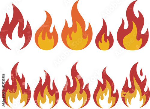 A row of stylized flames in various sizes and shades of red orange and yellow with a grunge texture overlay