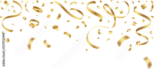 Golden ribbons and confetti falling and swirling against a clean white background for celebrations