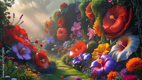 Enchanting garden path lined with vibrant oversized flowers and lush greenery