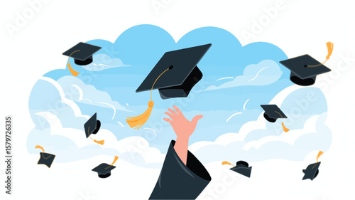 Graduation cap tossed in the air by a student in a cap and gown against a cloudy blue sky