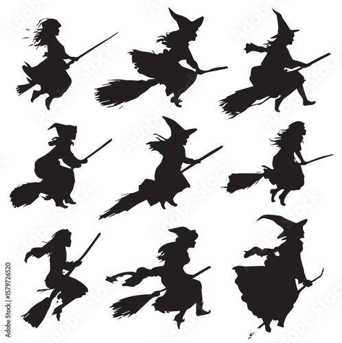 broomstick with witch silhouette set, Black & White silhouette set