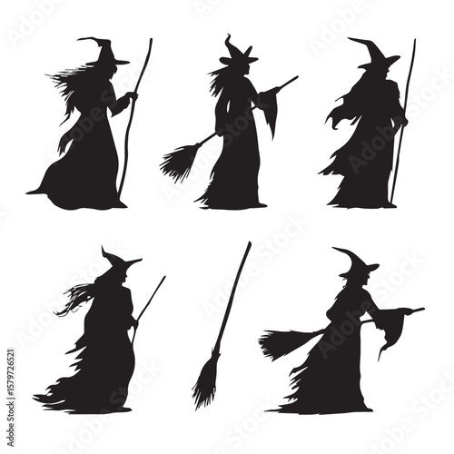 broomstick with witch silhouette set, Black & White silhouette set