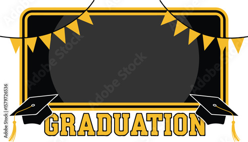 Black and gold graduation photo booth frame with graduation caps and pennant banners celebrating achievement
