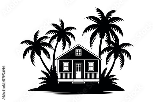Tropical house palm trees island silhouette