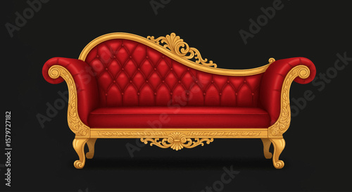 Luxury Red Velvet Sofa with Gold Legs on Dark Background