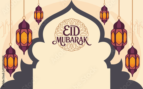 Elegant eid mubarak greeting with hanging lanterns and islamic archway design wishing joy and blessings