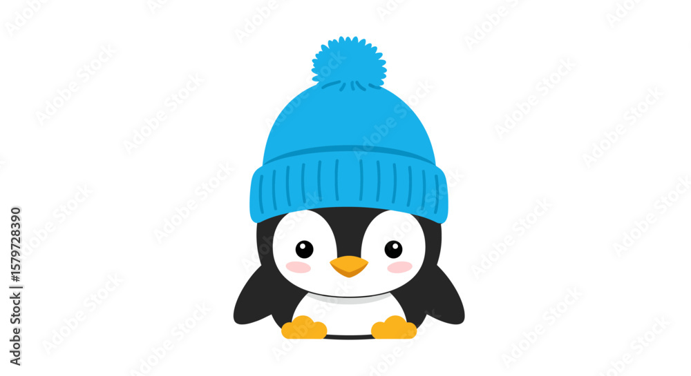Obraz premium Little Penguin in Blue Hat Vector Winter Character