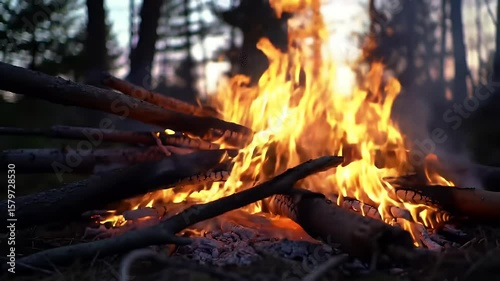 Orange Flames and Burned Logs in Campfire at Sunset in Forest Scenic View