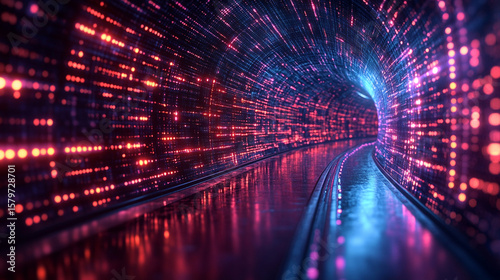 Data stream tunnel with binary code walls, light at end