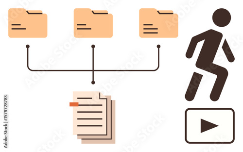Organized folders connected to documents, active figure stepping toward video play icon. Ideal for teamwork, productivity, planning, digital transformation, process management, task execution, simple