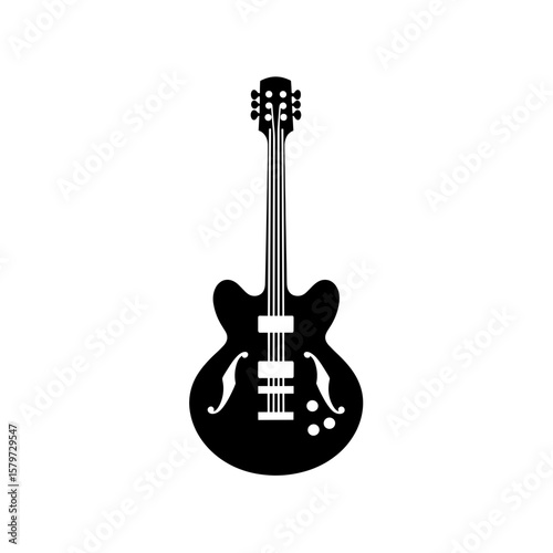 Illustration of a hollow body electric guitar with f holes and six tuning pegs shown