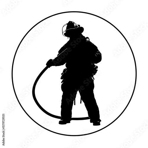 Silhouette of firefighter holding a hose inside a circle shape with protective gear and helmet shown
