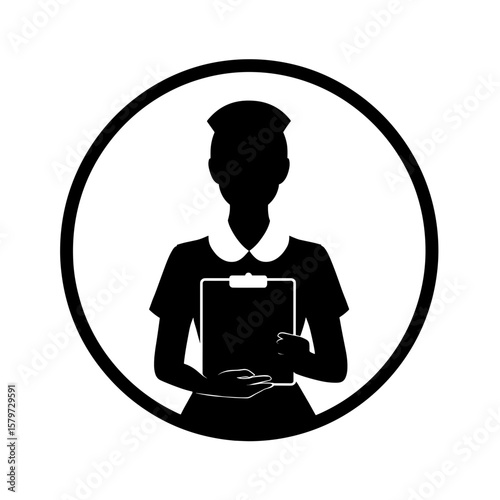 Silhouette of a nurse holding a clipboard inside of a circle graphic representation art