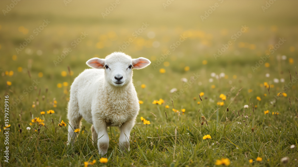 Obraz premium Young lamb standing in a field of yellow wildflowers. Close up portrait of a fluffy sheep grazing on grass.