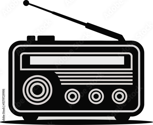 Retro radio illustration with antenna and vintage tone text in black and white design.