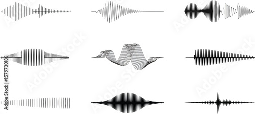 Sound wave visualization displays audio signal patterns in a minimalist, abstract design.