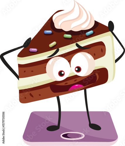 Piece of Cake Cartoon Mascot Weighing Itself on Scale. Desperate dessert feeling concerned about weight and calories
