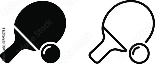 Table tennis icons feature a paddle and ball in solid and outline styles for sports designs.