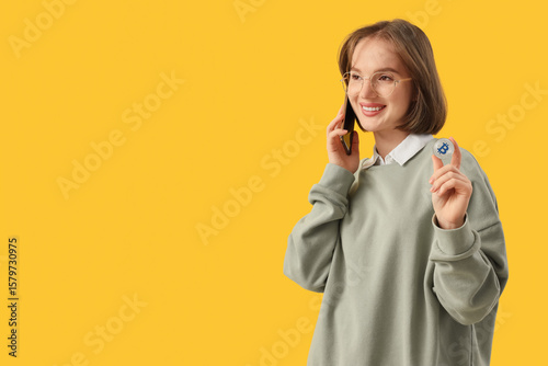 Young woman with bitcoin ta...