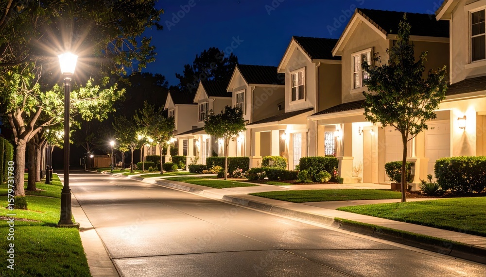 Obraz premium Residential street at night, lit homes