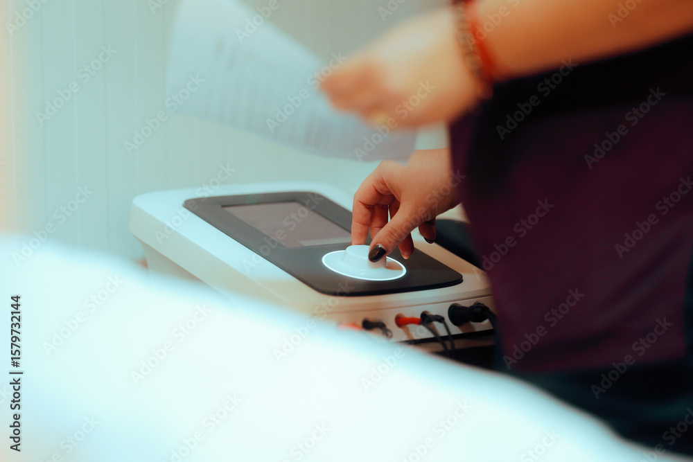 Fototapeta premium Nurse Operating a Capacitive and Resistive Energy Transfer Machine. Healthcare worker using medical tools for tecartherapy 