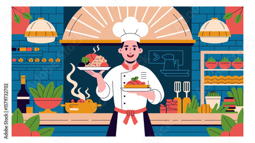 Cheerful chef presents two gourmet dishes in a vibrant, stylized kitchen setting illustration