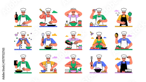 Diverse array of chefs in action a culinary vector illustration featuring cooking preparation and kitchen scenarios