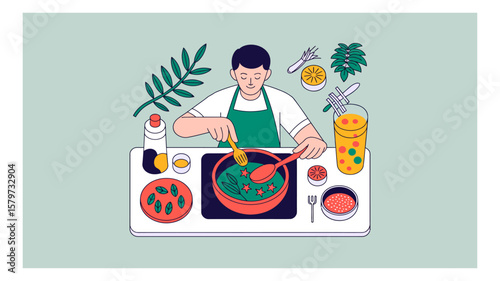 Person cooking a healthy meal with fresh ingredients illustration vector graphic design on a table with herbs and spices, creating a vibrant and nutritious culinary experience