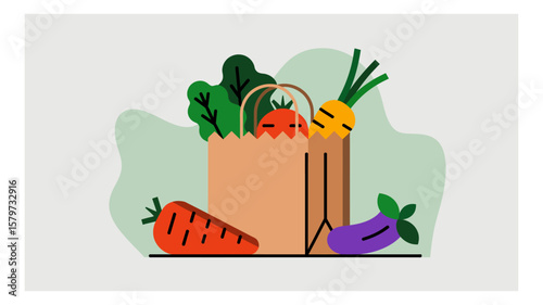 Fresh produce in a paper bag showcasing healthy eating and local market shopping with vibrant vegetables