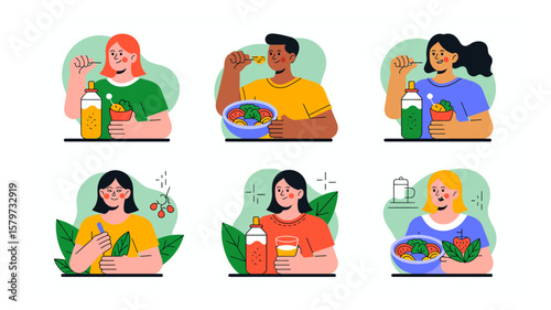 Group of diverse people enjoying healthy food and drinks in a vibrant flat illustration style promoting wellbeing and nutrition
