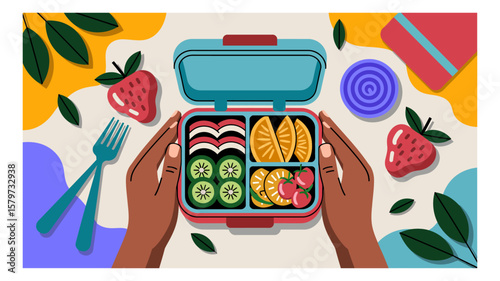 Hands holding a vibrant lunchbox filled with healthy snacks and fruits on a colorful backdrop illustration