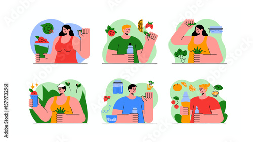 Healthy lifestyle choices depicted through diverse individuals and vibrant detox drinks illustration