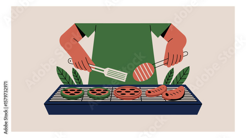 Illustration of a backyard barbecue featuring a person grilling burgers and sausages outdoors on a summer day