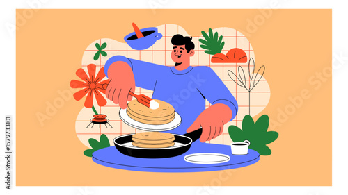 Man cooking pancakes with a spatula in the kitchen flat vector illustration for breakfast preparation and healthy lifestyle