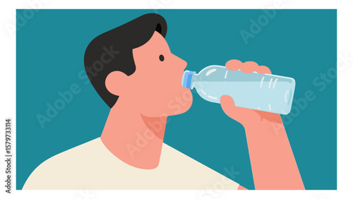 Man drinking water from a plastic bottle to stay hydrated in a vector illustration with a clean and modern design