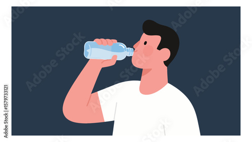 Man drinking water from a bottle to stay hydrated and healthy in a minimalist vector illustration with a clean and modern design