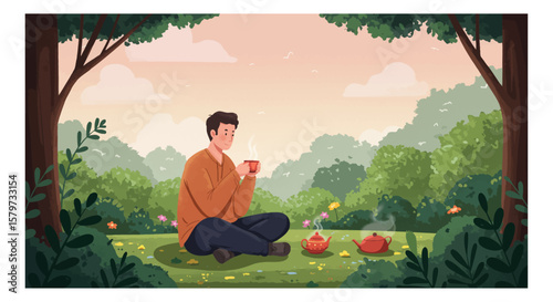 Man enjoys tea in a serene forest setting with teapots and lush greenery illustration conveying relaxation and tranquility amidst nature's beauty