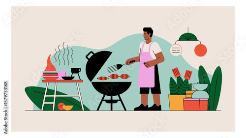 Man grilling food on a barbecue grill outdoors in a backyard setting illustration with plants and food items