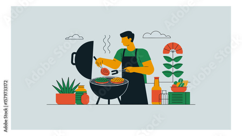 Man grilling burgers on barbecue in backyard with plants and beer illustration for summer cookout