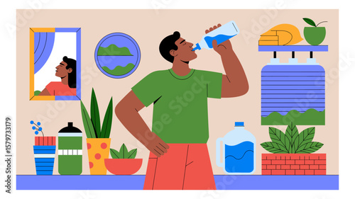 Man hydrating with water amidst indoor plants and decorative elements creating a refreshing and healthy lifestyle scene with vibrant colors and modern design