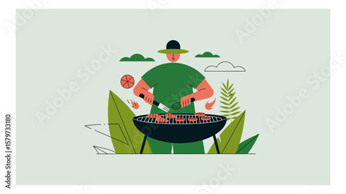 Man grilling sausages on a barbecue grill outdoors surrounded by stylized plants and clouds in a fun vector illustration